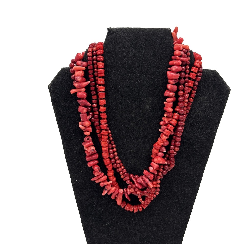 Vintage Bakelite or Celluloid Red Coral 5 Strand Haystack Necklace-16.5"